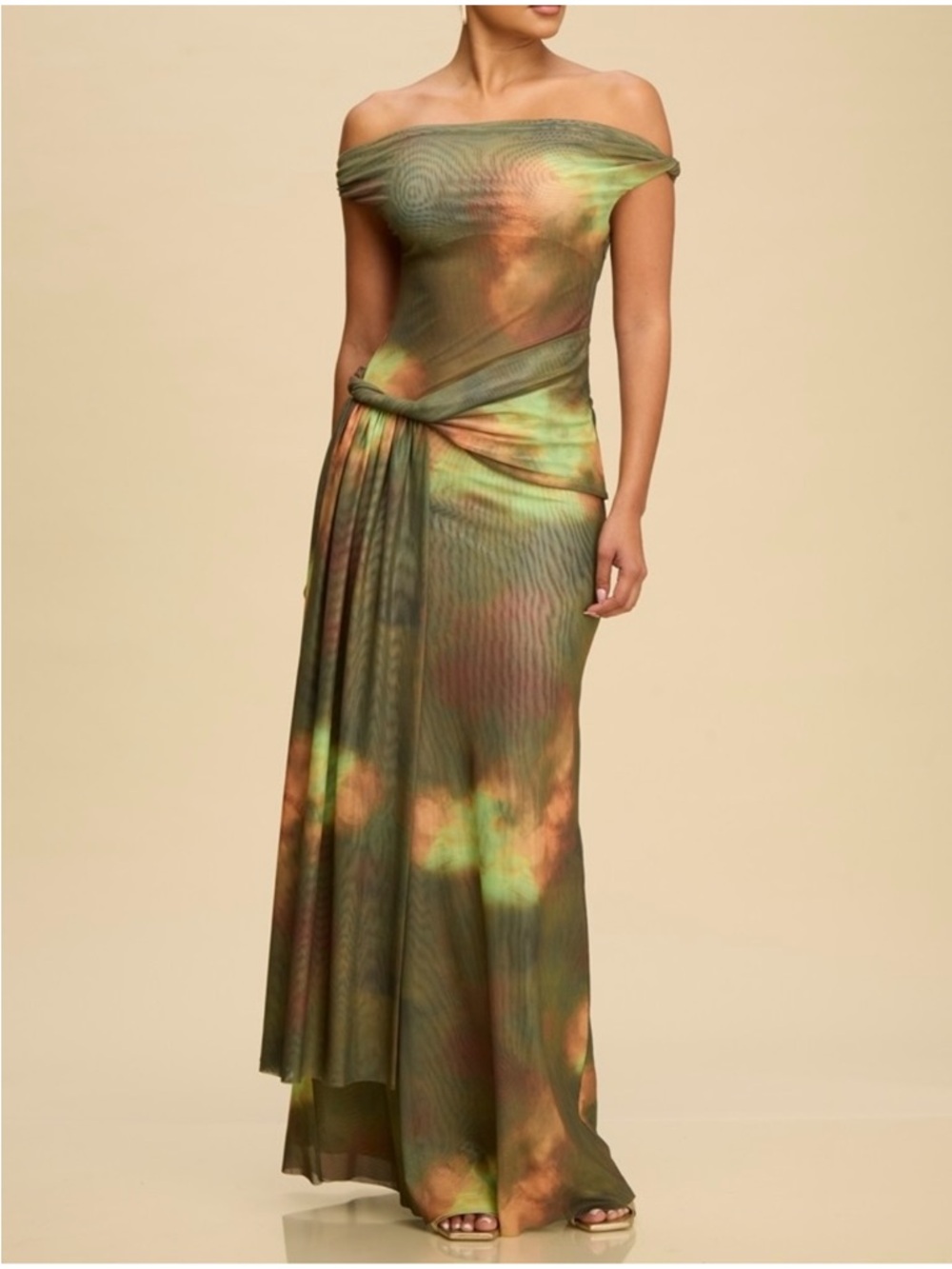 Off-Shoulder Olive & Copper Tie-Drape Maxi Dress please read the description